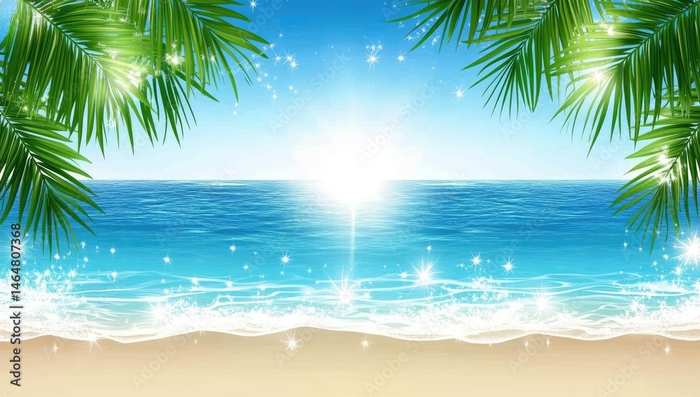 Obraz premium Tropical beach scene, bright sun, ocean waves, palm fronds