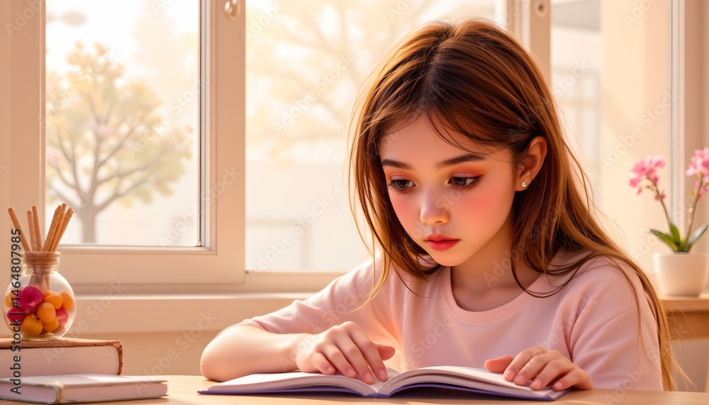 Young girl with long hair focuses intently on reading a book at a cozy workspace by a bright window in soft natural light