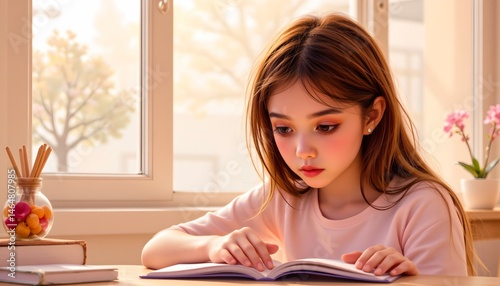 Obraz na płótnie Young girl with long hair focuses intently on reading a book at a cozy workspace by a bright window in soft natural light w salonie