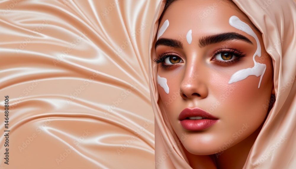 Elegant Portrait of a Woman with Skincare Cream on Face Surrounded by Soft Silky Fabric in Warm Tones