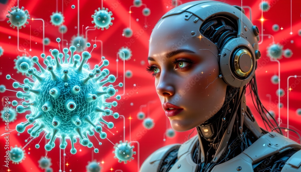 Futuristic Robot Female Profile with Virus Illustration and Technology Background