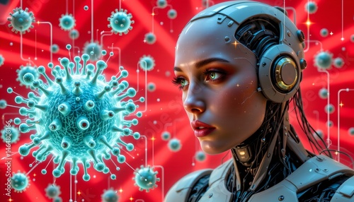Obraz na płótnie Futuristic Robot Female Profile with Virus Illustration and Technology Background w salonie