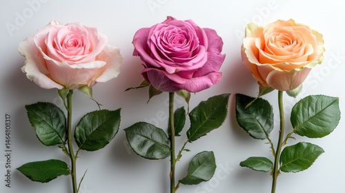 Three pastel roses in varying shades, arranged in a neat row.
