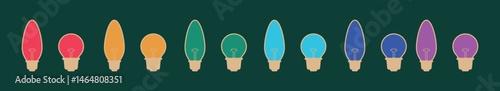 Colorful festive light bulbs in alternating shapes and vibrant hues on a dark green background — perfect for holiday or celebration themes.