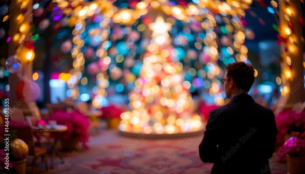 Man Admiring Artfully Decorated Christmas Tree Surrounded by Colorful Lights and Holiday Decorations at Night