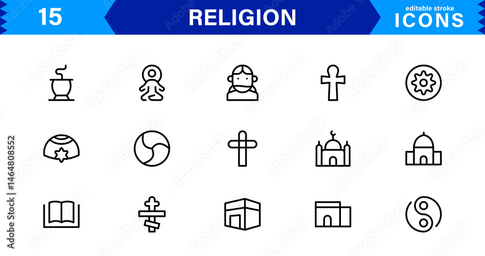 Fototapeta premium Modern Religion Icons Set. Vector Line Art Symbols for Faith, Belief, and Cultural Projects