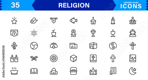 Modern Religion Icons Set. Vector Line Art Symbols for Faith, Belief, and Cultural Projects