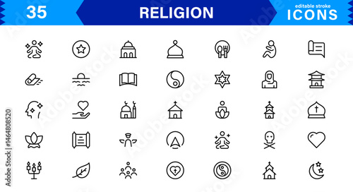 Modern Religion Icons Set. Vector Line Art Symbols for Faith, Belief, and Cultural Projects