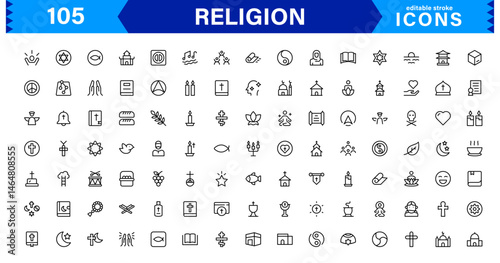 Modern Religion Icons Set. Vector Line Art Symbols for Faith, Belief, and Cultural Projects