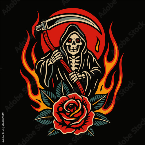 Grim Reaper Holding Scythe with Rose and Flames on Dark Background