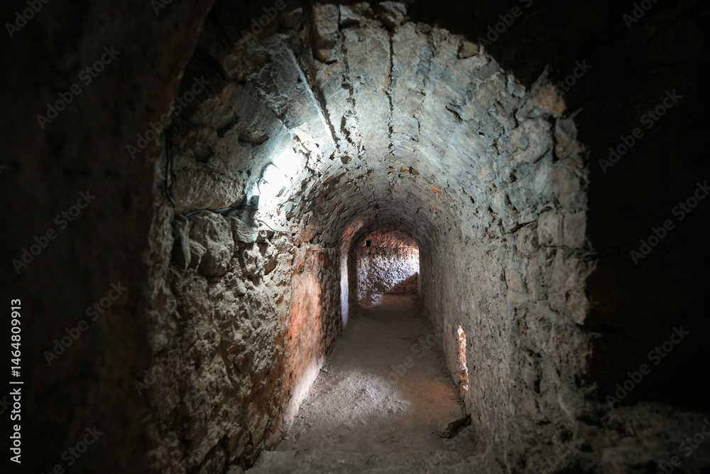 Obraz premium Underground tunnels of Stari grad Bar (Old Town of Bar), an ancient walled city overlooking the Adriatic Sea in Montenegro