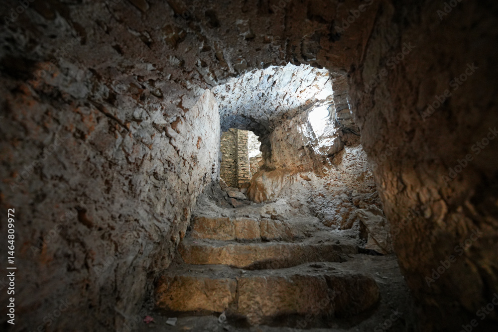 Obraz premium Underground tunnels of Stari grad Bar (Old Town of Bar), an ancient walled city overlooking the Adriatic Sea in Montenegro