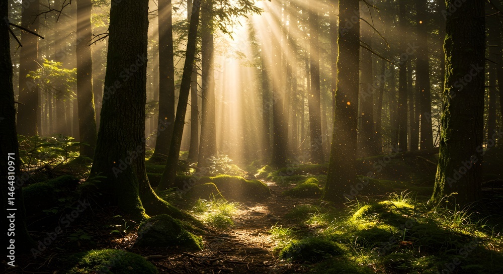 Fototapeta premium Sunlit forest scene depicting tall trees and beams of light with a lush environment