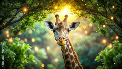 A Gentle Giant's Gaze A Serene Giraffe Amidst a Magical Forest of Lights