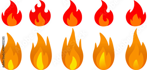 Fire icon collection. Fire flame symbol. Bonfire silhouette logotype. Flames symbols set flat style - stock.	
