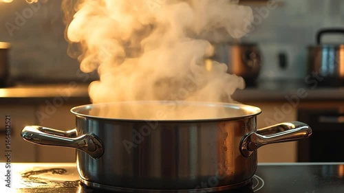 Steaming pot on a stove in a cozy kitchen, with soft light and smoke rising, creating warmth