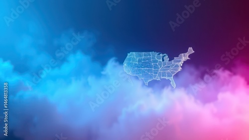 Abstract Network Map of a Nation Over a Dreamy Sky