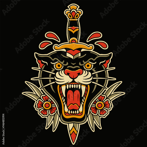 Roaring Panther Head with Dagger Traditional Tattoo Design Illustration