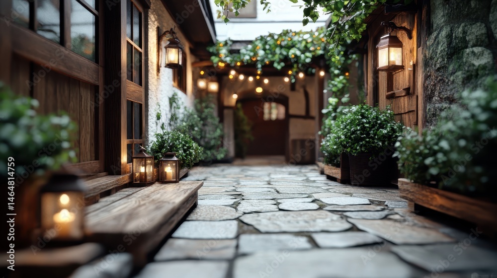 A beautiful stone pathway is illuminated by warm lanterns, framed by lush green plants, creating a cozy and inviting outdoor atmosphere for relaxation or gatherings. A beautiful stone pathway is illuminated by warm lanterns, framed by lush green plants, creating a cozy and inviting outdoor atmosphere for relaxation or gatherings.