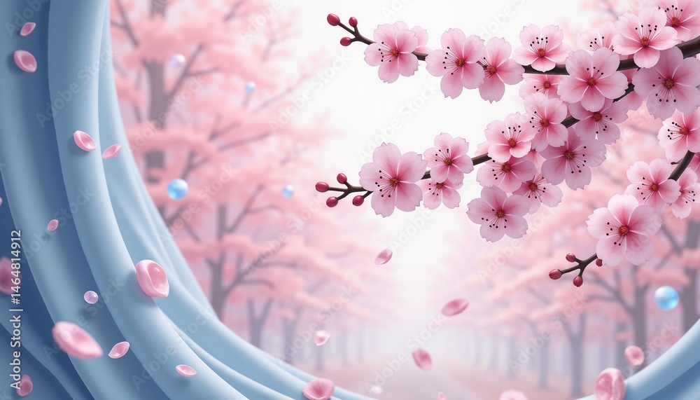 Blossoming cherry trees in soft pink hues against flowing fabric