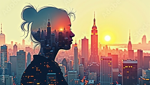Woman contemplating sunset over city skyline  