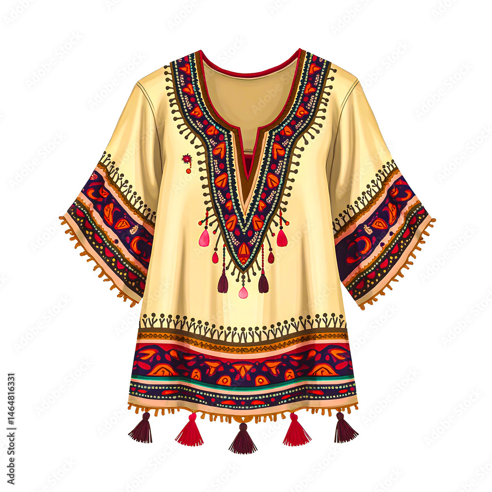 Obraz premium Illustration Bohemian style blouse with beautiful ethnic embroidery, tassel accents, wide sleeves and loose cut for a unique look.
