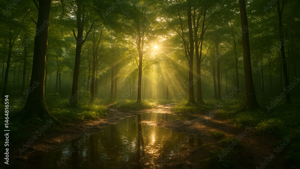 Fototapeta premium Sunlit Forest with Water Reflection - Crystal Clear 4K Nature Scene
