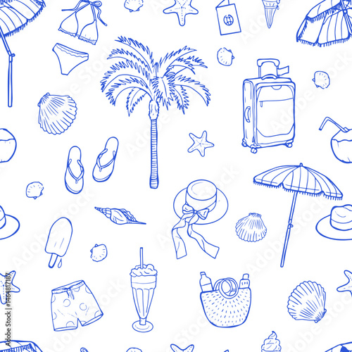 Blue Beach Items Pattern, Coastal Minimalist Design