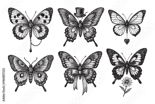 butterfly set woodcut engraving vector illustration