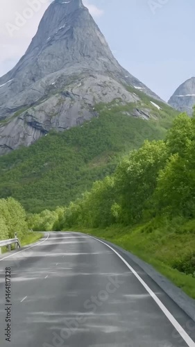 Vertical view of Norway road from car