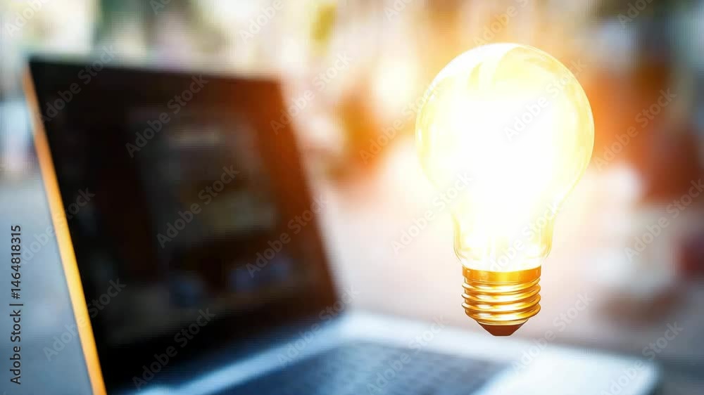 Bright glowing light bulb with laptop computer technology symbolizing bright idea and creativity