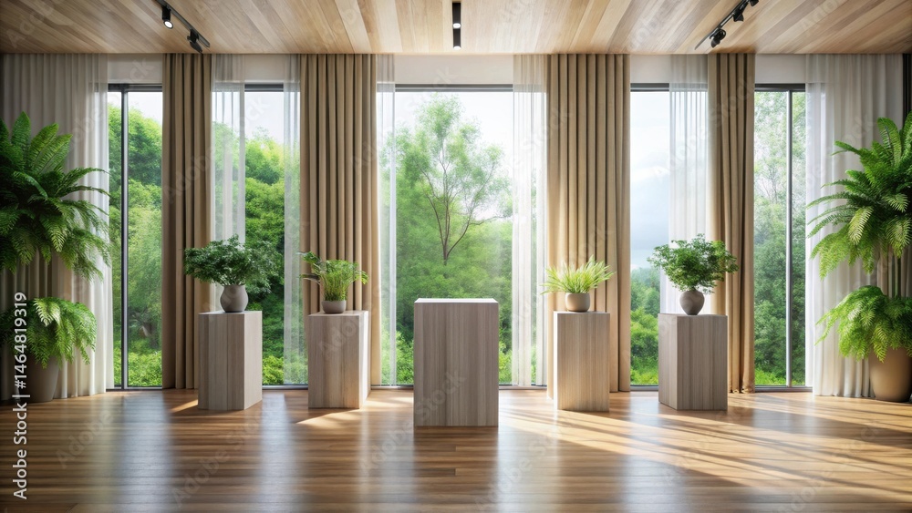 Obraz premium Serene Interior Design Featuring Wooden Plinths, Lush Greenery, and Natural Light Streaming Through Floor-to-Ceiling Windows