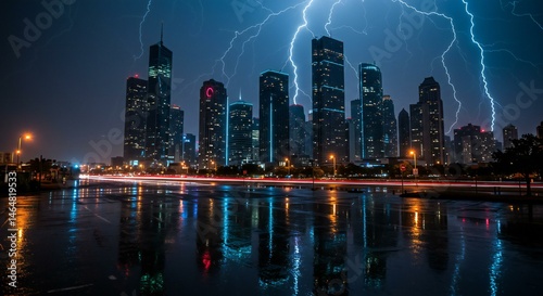 Cityscape at night illuminated by powerful lightning strikes.