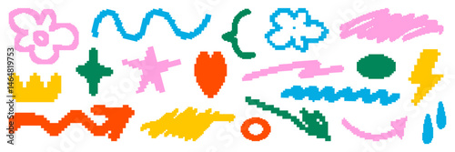 Bold pixel graphic shape asset. Bitmap geometric figures, arrows, strikethrough, squiggles lines. Retro color elements for design template, poster, sticker. Trendy isolated elements.