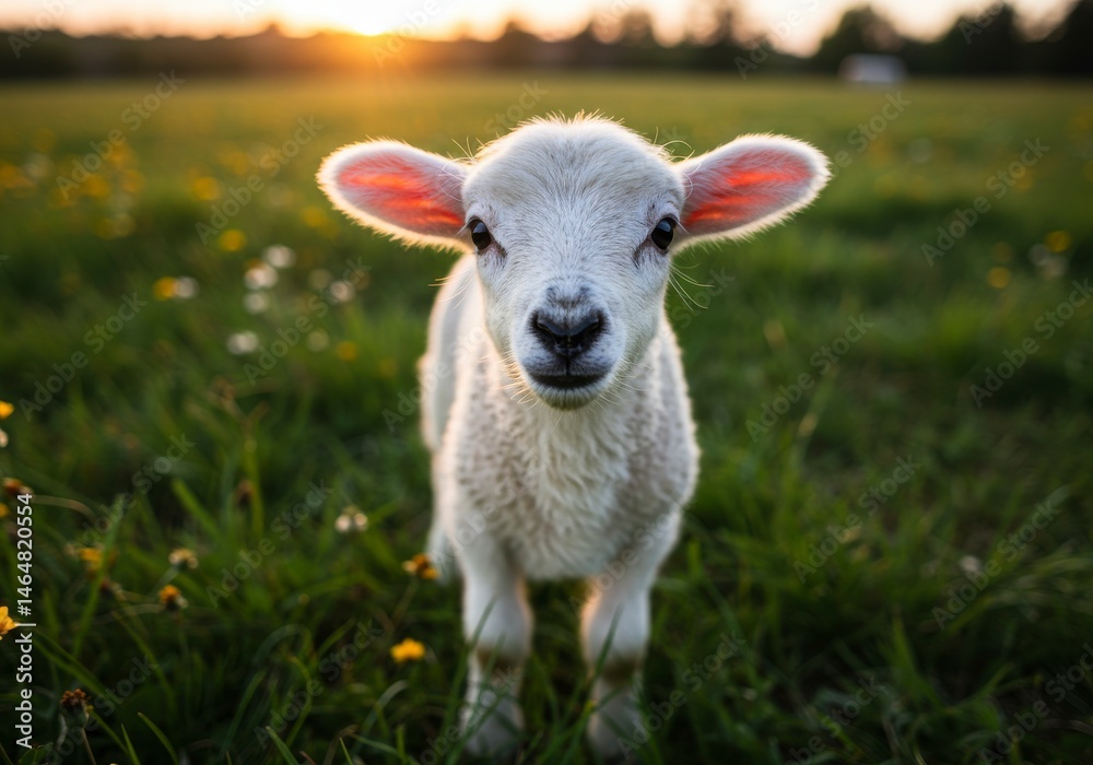 Fototapeta premium Enchanting lamb portrait during golden hour in tranquil meadow setting