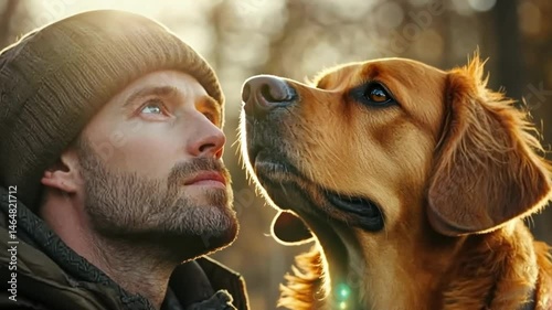 Man enjoys peaceful moment with golden retriever in autumn forest during golden hour