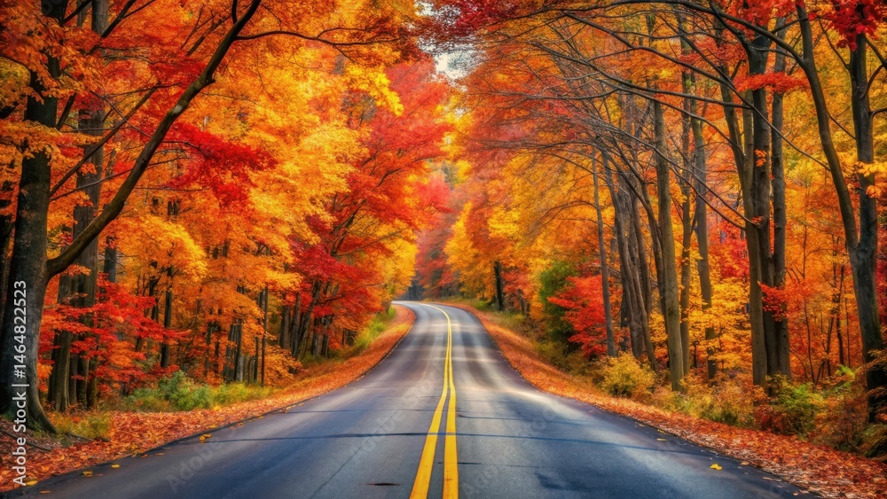 Obraz premium Autumnal Road Through Vibrant Forest Canopy, A Scenic Drive Amongst Colorful Fall Foliage