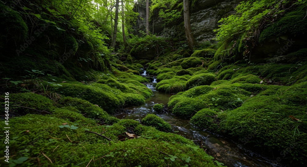 Obraz premium Vibrant green mossy landscape with stream flowing through forest