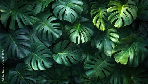Lush green monstera leaves background, tropical foliage texture, nature wallpaper