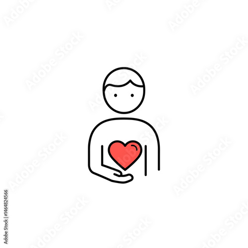 Person holding heart symbolizing love and care   on a white background. Minimalistic vector black and white linear icon 