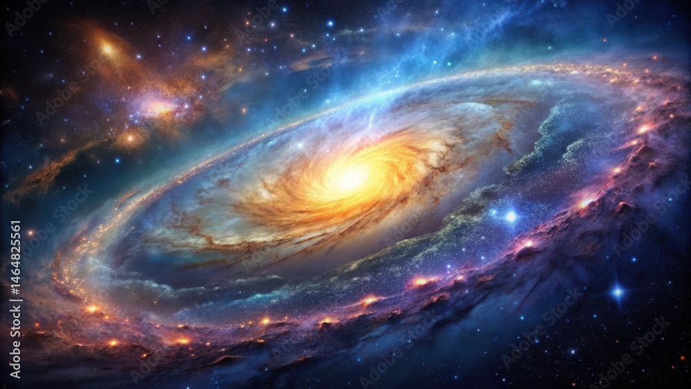 Obraz premium A Celestial Tapestry of Star Clusters, Nebulae, and a Spiraling Galaxy Core Unveiled