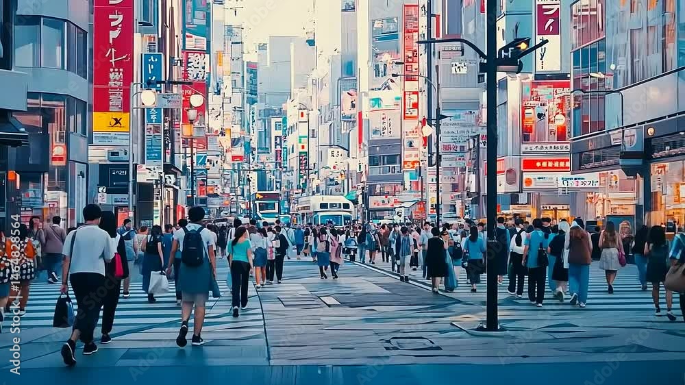Vibrant urban life, bustling city street with crowds and bright signage in Japan