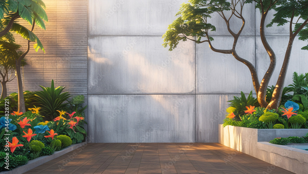 Fototapeta premium This image showcases a modern, minimalist outdoor space that beautifully marries nature with architecture.