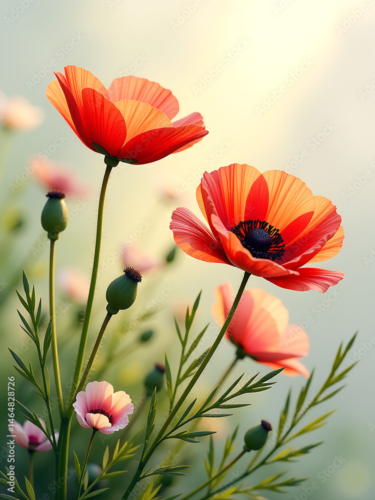 Fototapeta premium image vibrant floral arrangement features delicate red pink poppies amidst lush greenery