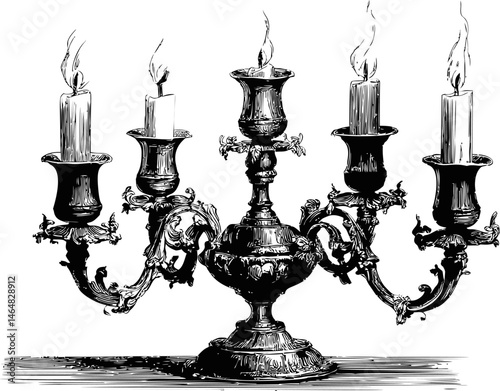 Intricate vintage candelabra with five burning candles in black and white illustration. Vector illustration