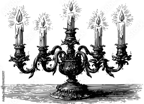 Elegant black and white drawing of ornate candelabra with glowing candles. Vector illustration