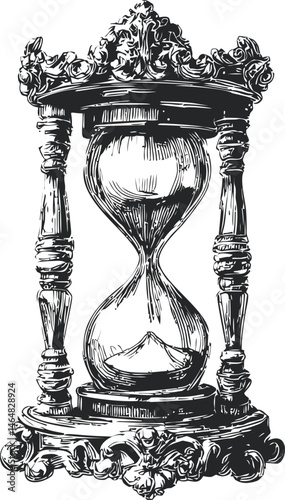 Ornate vintage hourglass illustration with detailed carvings in black and white. Vector illustration