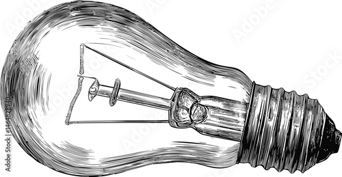 Detailed black ink sketch of a vintage incandescent light bulb illustration. Vector illustration