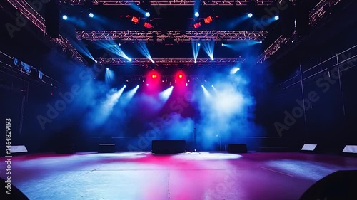 Empty concert stage illuminated by colorful lights with smoke, ready for a live performance