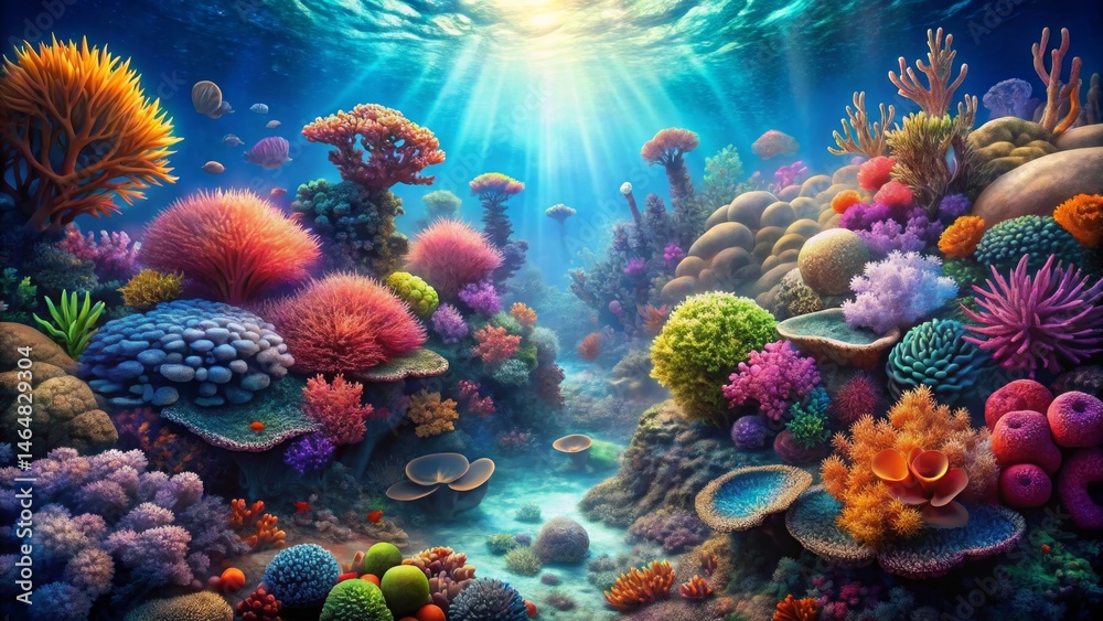 Naklejka premium Vibrant Underwater Scene Featuring a Diverse Array of Coral Reefs and Fish, Illuminated by Sunbeams Penetrating the Ocean's Surface